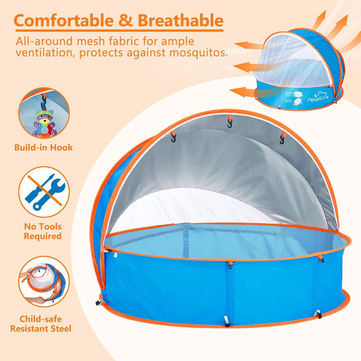 Peradix 4-in-1 Pop-Up Pool Tent for Kids & Pets, Baby Paddling Pool, Ball Pit & Beach Tent with UPF 50+ Canopy and Detachable Mosquito Net