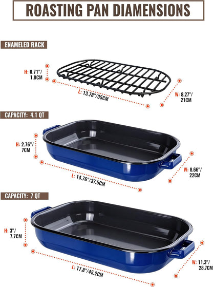 Enamel Turkey Roasting Pan with Rack Set, Casserole Dishes 14&17 Inch 6 Pieces Domed Lid Deep Oval Roasting Pan for Oven, Dishwasher Safe Non-Stick, Gift for Thanksgiving & Christmas Roaster Pot