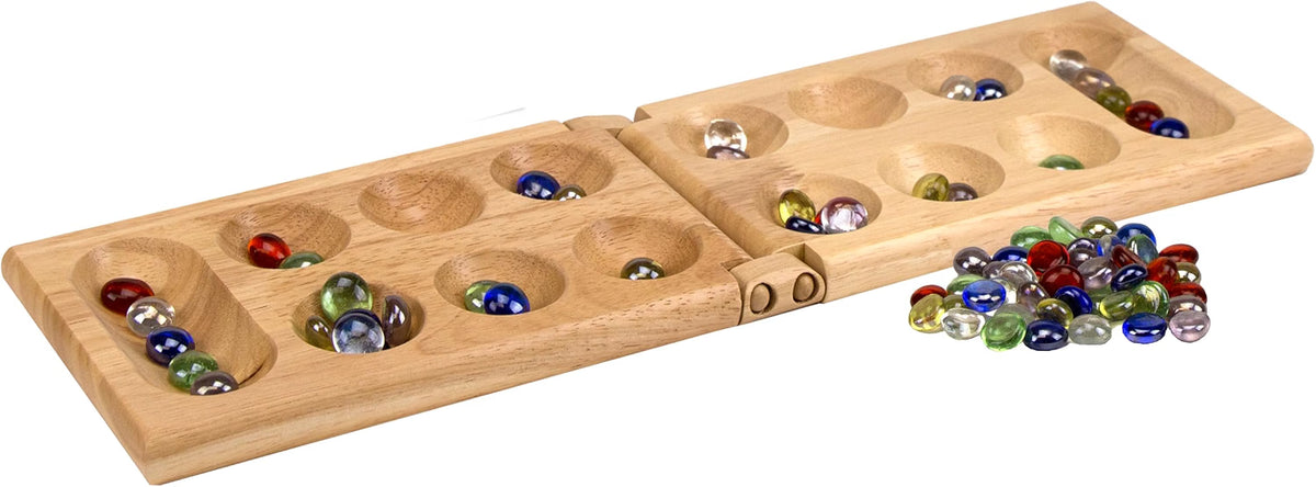 Pressman Mancala Board Game, Classic Strategy Game with 48 Glass Stones and Folding Wooden Board, 2-Player Game for Kids & Adults Ages 6+