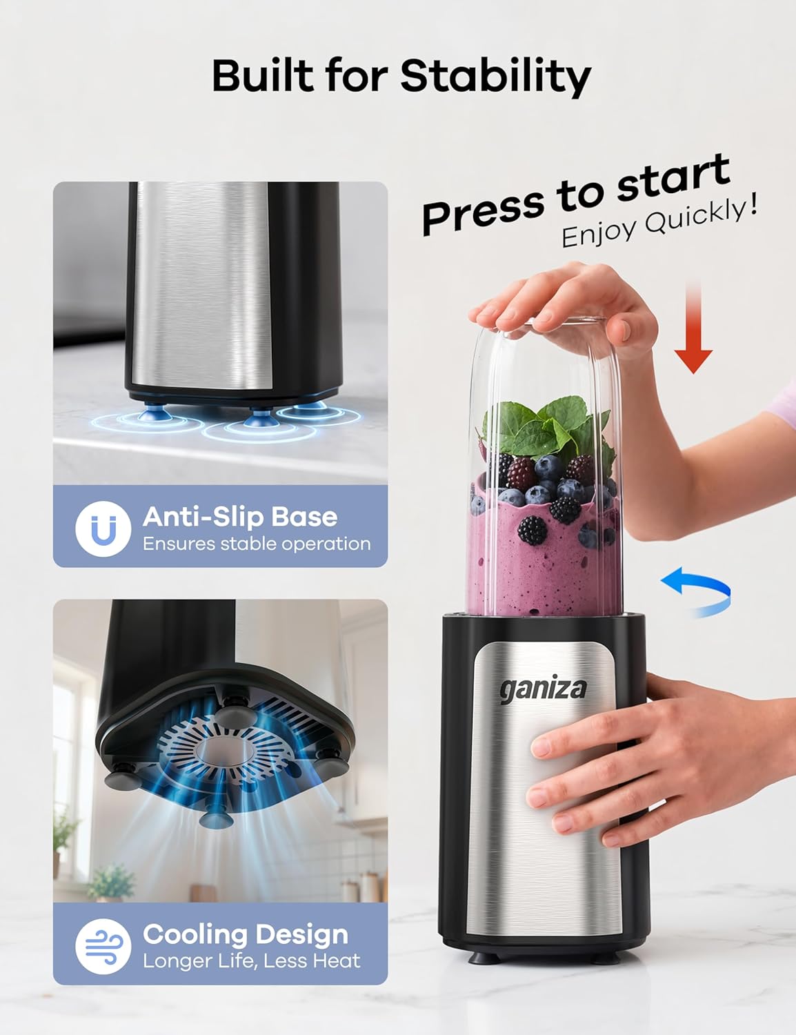 Ganiza 14-Piece 900W Personal Smoothie Blender, Black Silver