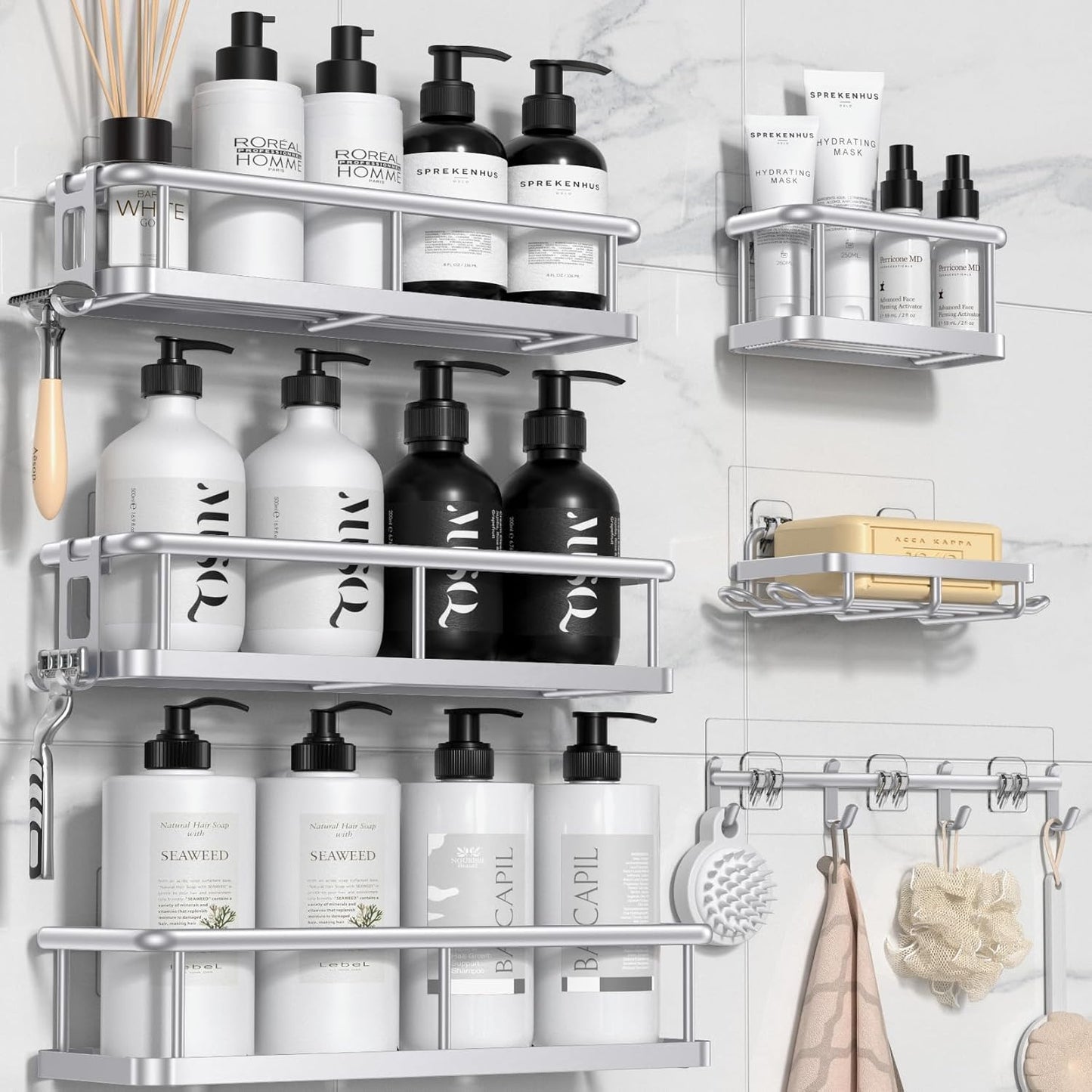YASONIC Shower Caddy Adhesive, Rustproof Shower Organizer with Soap Holder, Large Capacity Shower Shelves for Inside Shower, No Drilling Bathroom Organizers and Storage for Home Decor（6 Pack Silver）