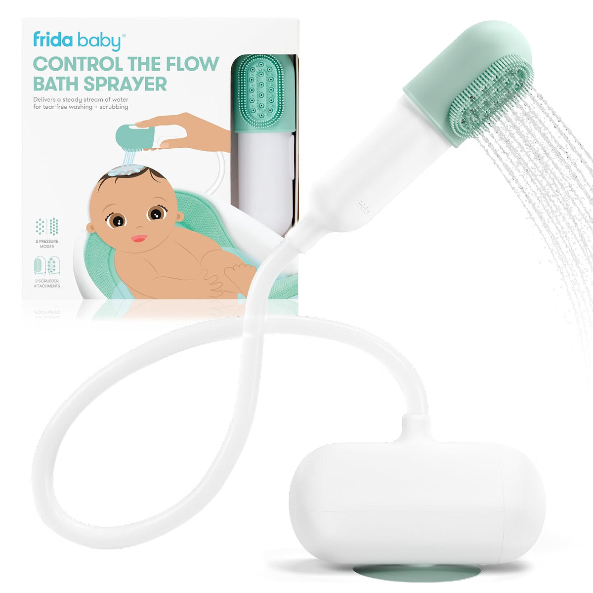 Frida Baby Control The Flow Bathtub Sprayer Attachment, Baby Bath Rinser with Multiple Pressure Modes, Stay-Put Suction Pump, Long Hose & Silicone Scrubber Attachments