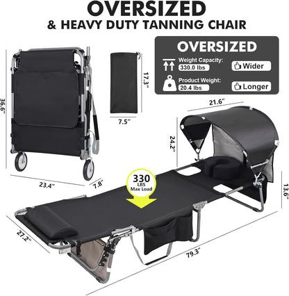 Wheel-To-Go Oversized Tanning Chair with Face Hole & Wheels | Portable Heavy Duty Folding Lounge Chair | Outside Sunbathing Reading Relaxing Beach Poolside Lawn | XL Wide | 330 LBS (Patent Design)
