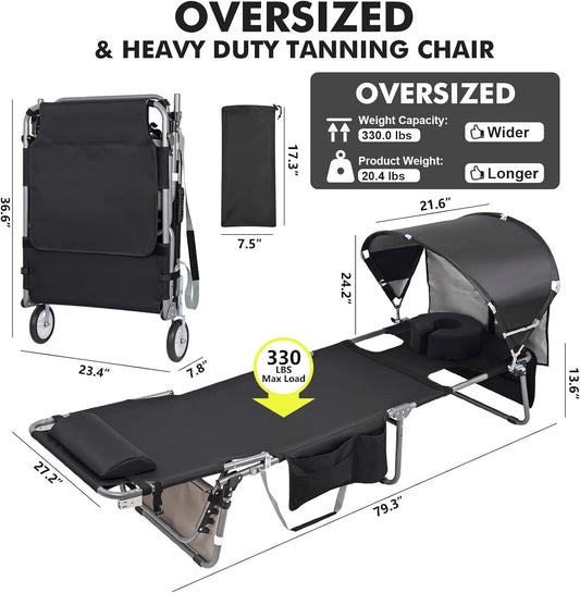 Wheel-To-Go Oversized Tanning Chair with Face Hole & Wheels | Portable Heavy Duty Folding Lounge Chair | Outside Sunbathing Reading Relaxing Beach Poolside Lawn | XL Wide | 330 LBS (Patent Design)