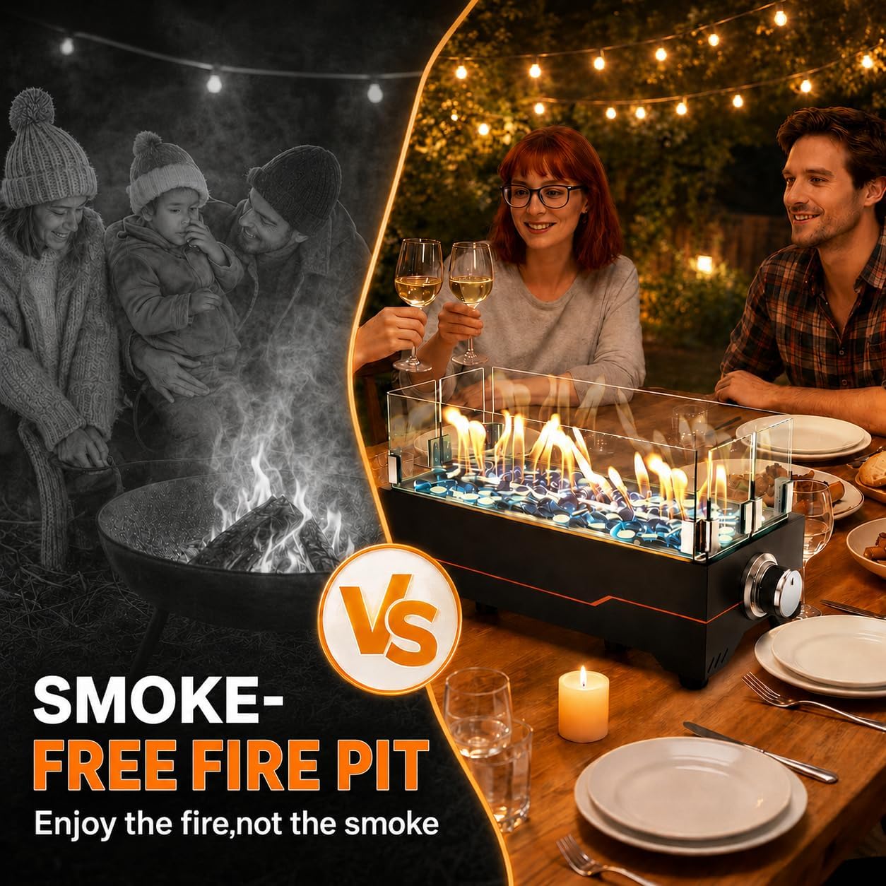 GRISUN 15 Inch Propane Tabletop Fire Pit, 30,000 BTU with Glass Wind Guard