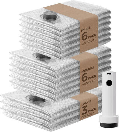 Vacuum Bags for Clothing Travel with Rechargeable Air Pump 15 Pack Vacuum Seal Bags, Space Saver Bags for Luggage and Suitcases, Compression Packing Bags in Multiple Travel Size