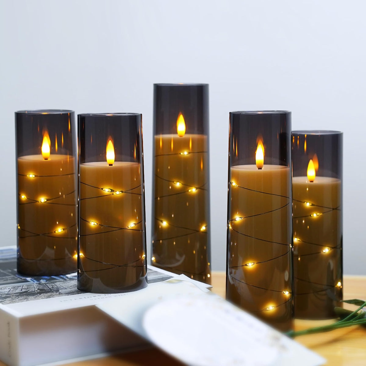 kakoya Flameless LED Candles with Timer, 5-Pc Set, Grey
