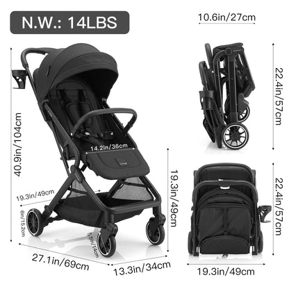 Gromast Compact Fold Baby Stroller, Lightweight Travel Toddler Stroller with One-Click Fold, UPF50+ Canopy, Cup Holder, UV Protected & Waterproof, One-Hand Folding, Black