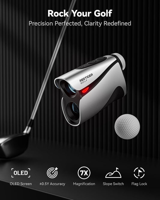 REDTIGER OLED Range Finder Golf with Slope, 1200 Yards, 7X Magnification Magnetic, Flag Lock Vibration, Rechargeable, IP54 Water Resistant, 36-Hole Battery Life, Meters/Yards Switchable