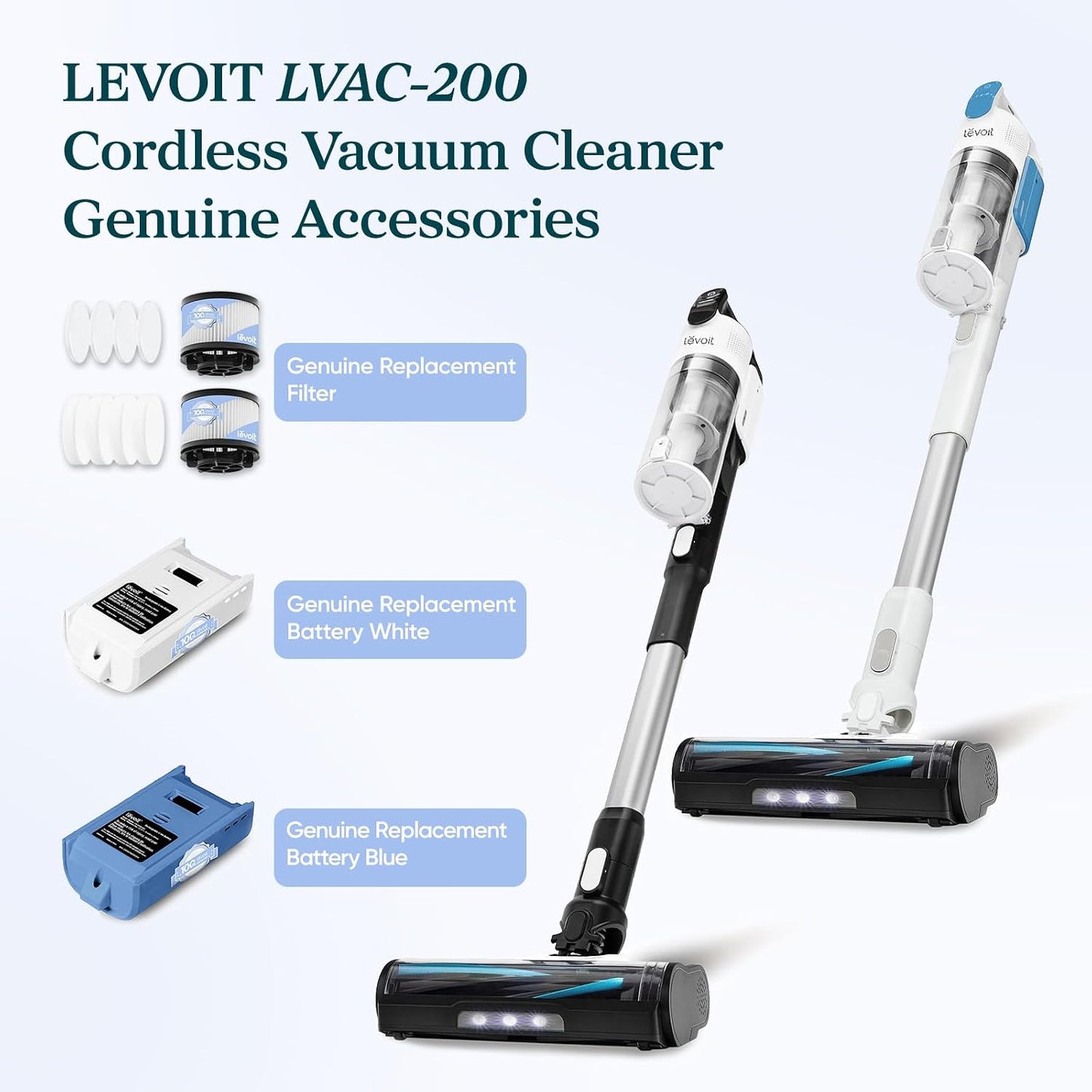 Levoit LVAC-200 Vacuum Replacement Battery, 2200mAh, 50-Min Runtime, White Extended Runtime Up to 100 Minutes with an Extra Battery, Genuine Accessory, Removable & Rechargeable, Flexible Charging