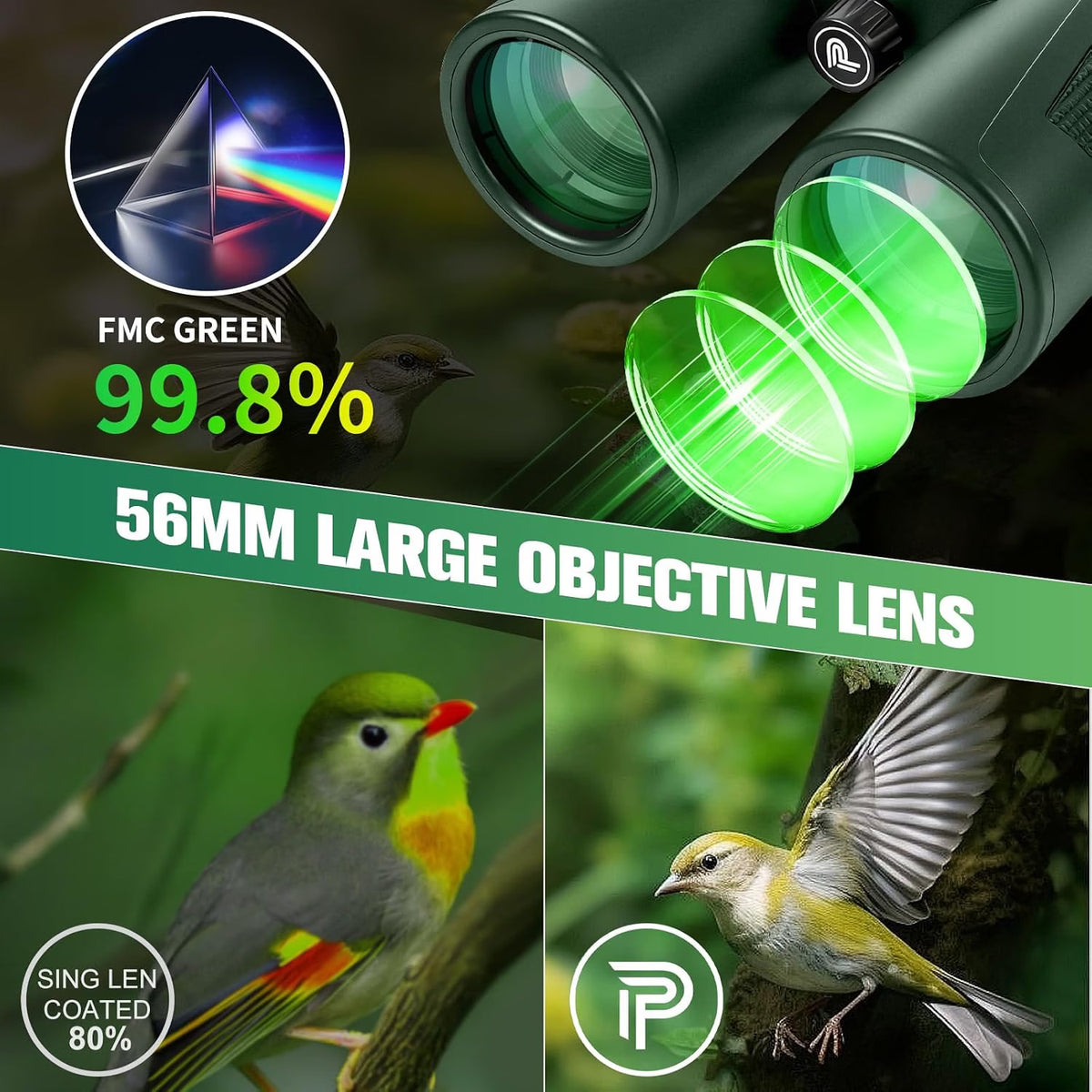 Pankoo 20x56 High-Powered Binoculars for Adults, Waterproof BAK4 Roof Prism Binoculars with FMC Lenses, Large 56mm Objective Lens for Bird Watching, Sports, Travel & Stargazing