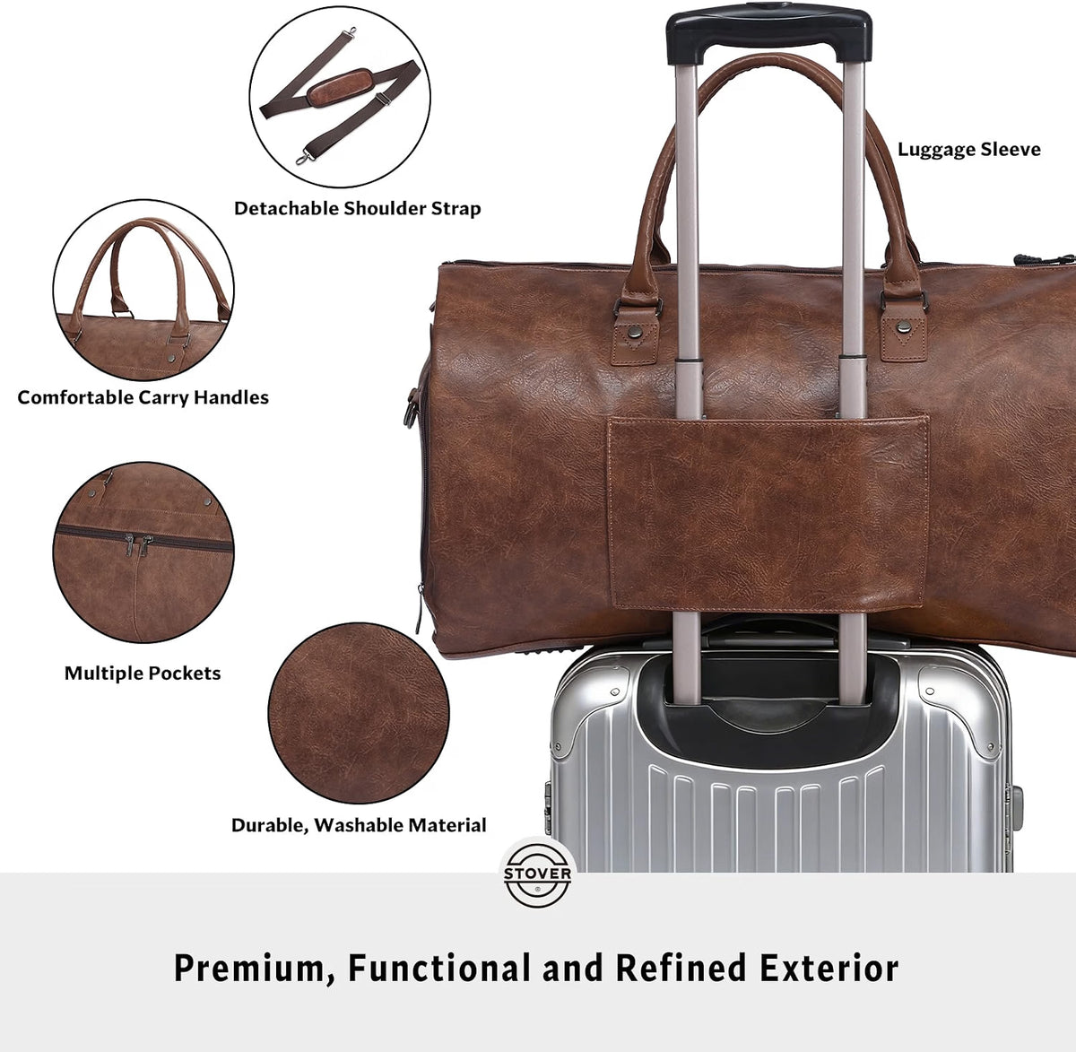 STOVER Garment Travel Duffle Bag, Large 2-in-1 Convertible Carry-On Garment Bag & Duffel with Shoe Compartment, 57L Weekender Travel Bag for Men & Women, Brown Leatherette