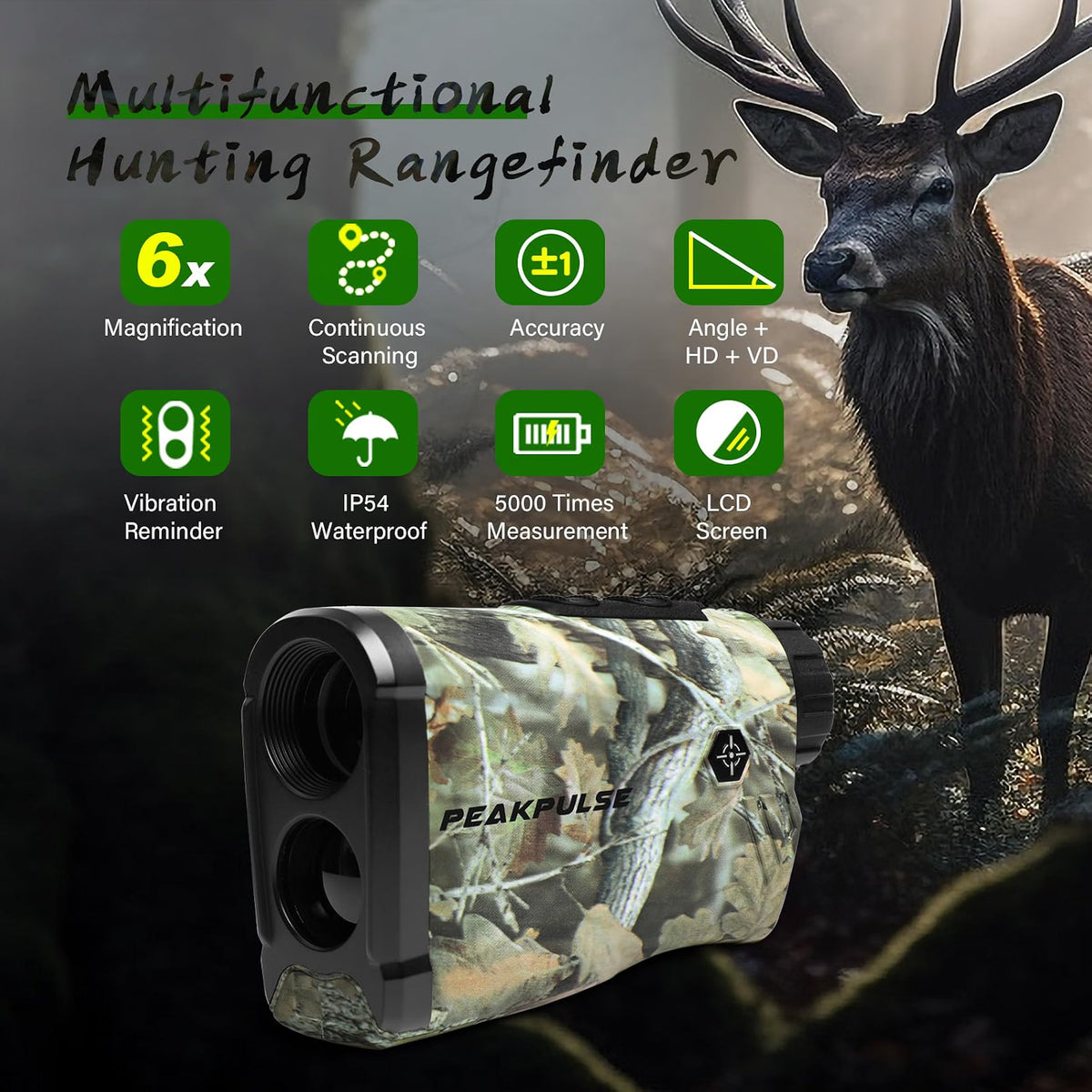 PEAKPULSE Hunting Range Finder 1400 Yards, 6X Laser Rangefinder with Angle, Horizontal & Vertical Measurement, IP54 Water Resistant, LC1200A-GR