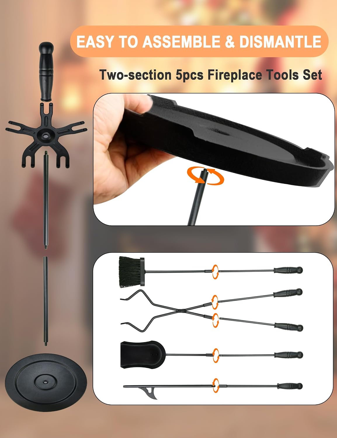 HyperionFlo Essentials 31.5-Inch 5-Piece Fireplace Tool Set with Stand