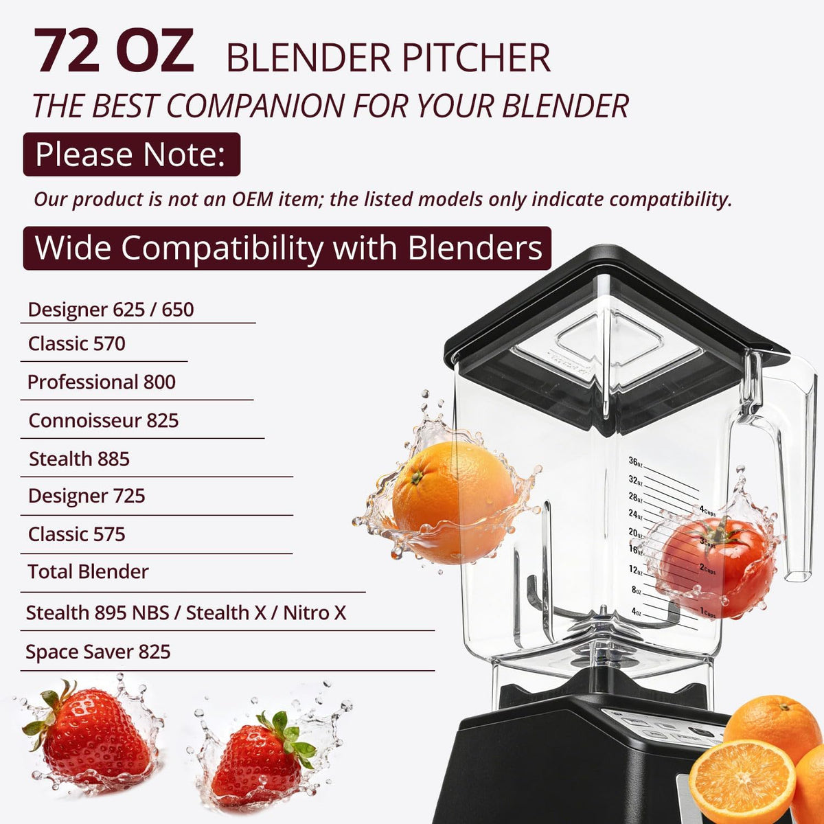 72 oz Replacement Pitcher Cup, Compatible with Blendtec Wildside+ Classic/Designer/Professional/Commercial Series, 5-Year Warranty