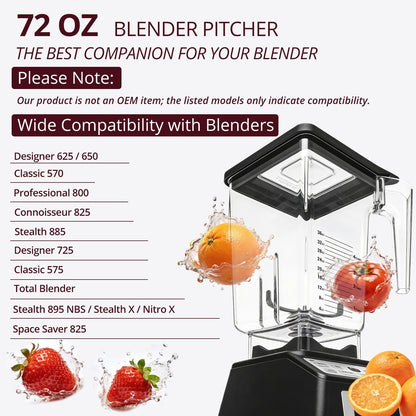 72 oz Replacement Pitcher Cup, Compatible with Blendtec Wildside+ Classic/Designer/Professional/Commercial Series, 5-Year Warranty