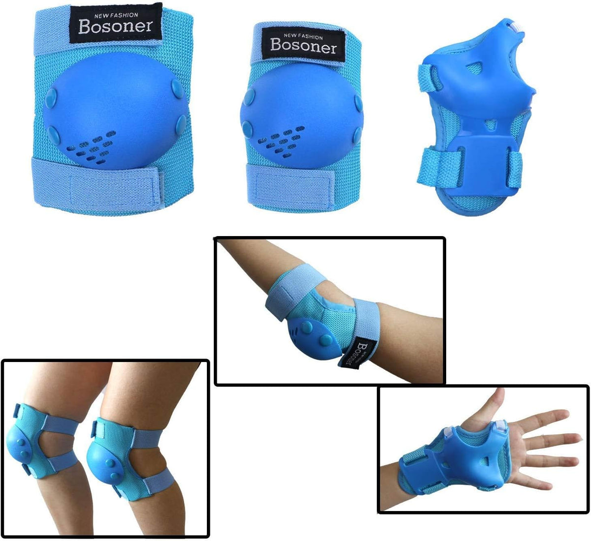 BOSONER Kids/Youth Knee Pads, Elbow Pads & Wrist Guards Set for Ages 3-15, Protective Gear for Roller Skating, Cycling, BMX, Skateboarding & Scooter Riding, Blue