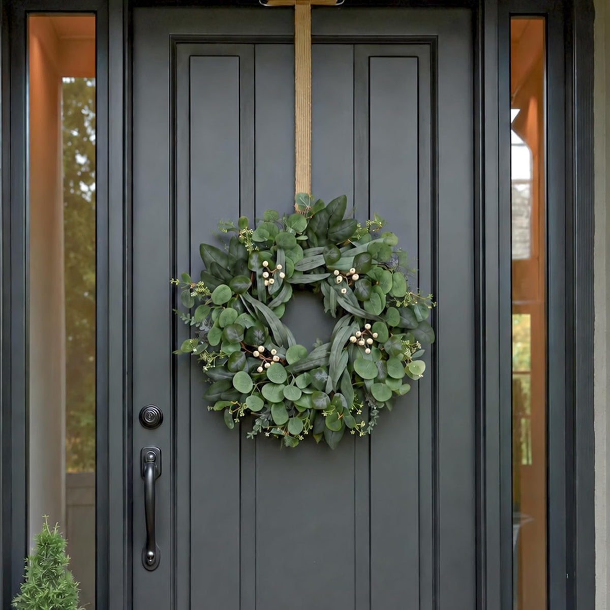 HyperionFlo Essentials 24-Inch Artificial Eucalyptus Wreath for Front Door, Greenery with White Berries, Fall & Year-Round Home Decor