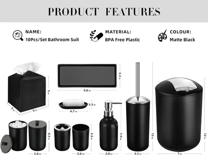 Black Bathroom Accessories Set, 10Pcs Bathroom Accessory Set with Trash Can, Soap Dispenser and Toothbrush Holder, Soap Dish, Cotton Ball & Qtip Holder, Toilet Brush Holder, Tissue Box Cover