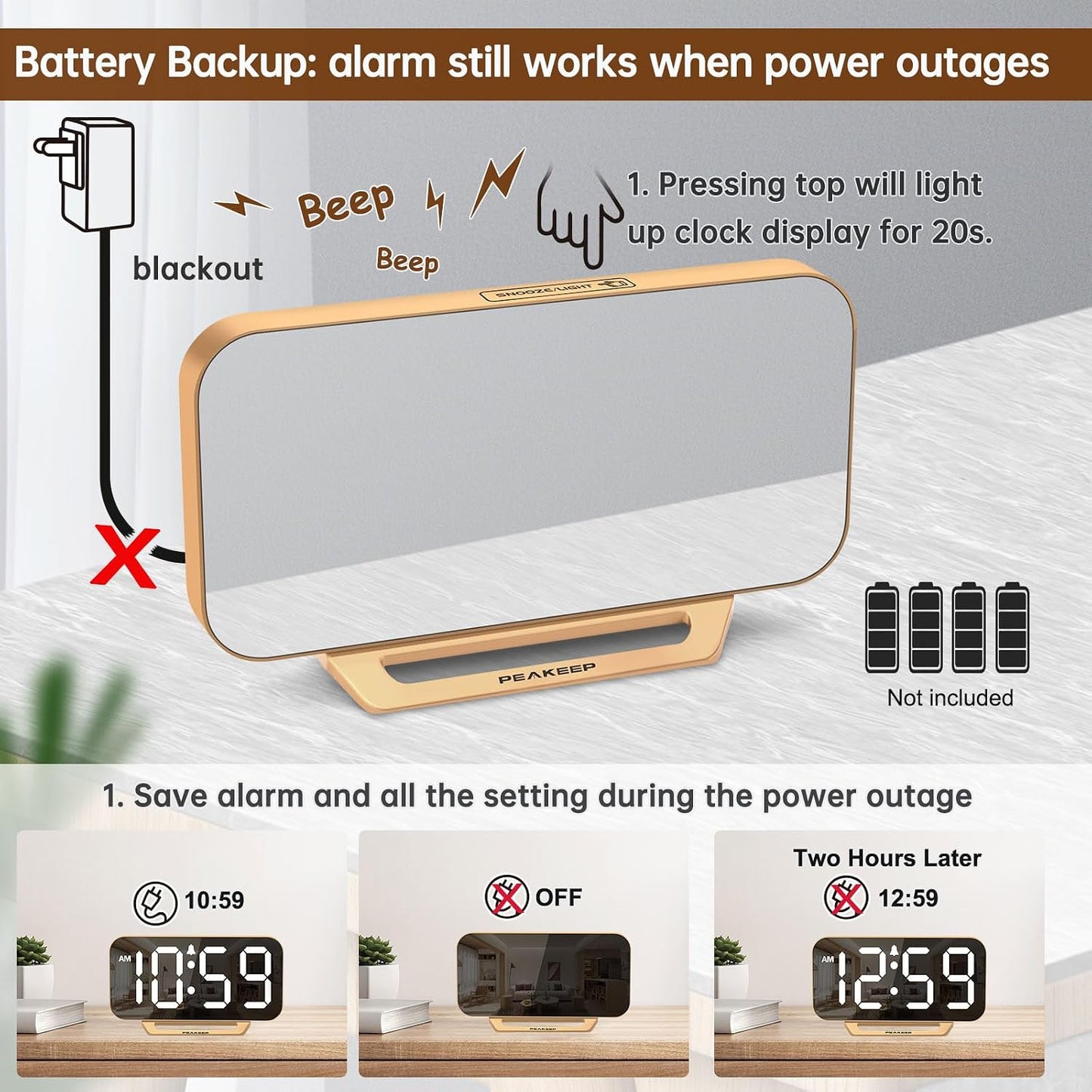 Slim Digital Mirror Alarm Clock, Large LED Display, 6-Level Brightness, Adjustable Alarm Volume, Gold