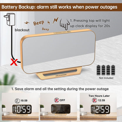 Slim Digital Mirror Alarm Clock, Large LED Display, 6-Level Brightness, Adjustable Alarm Volume, Gold