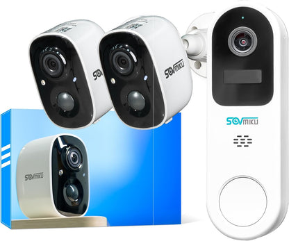 SOVMIKU 2CG6S Solar Security Camera and DB3 2K Video Doorbell with Chime, Wireless Outdoor System, PIR Motion Detection, Two-Way Audio, Color Night Vision, IP65