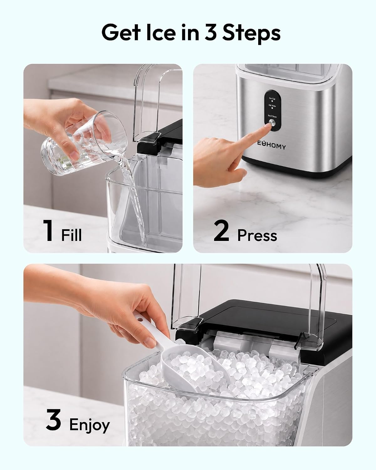 EUHOMY Nugget Ice Maker Countertop, Ready in 7 Mins, 35Lbs/24H Pebble Ice Maker Machine, Self-Cleaning Countertop Sonic Ice Makers with Ice Scoop&Basket, Pellet Ice Maker for Home, Stainless Steel