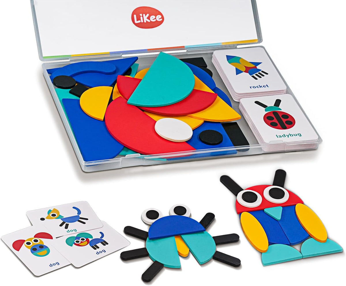 LiKee Wooden Shape Puzzle, 36 Wooden Shape Pieces & 60 Pattern Cards, Montessori Educational Toy for Kids 3+, Animal & Vehicle Designs with Storage Box