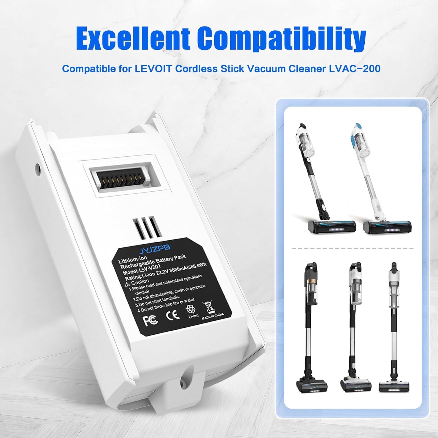 JYJZPB Replacement Battery for Levoit LVAC-200 LVAC200 LSV-V201-WUS Cleaner Upgrade High-Capacity Lithium ion Battery Compatible for LEVOIT LVAC 200 Cordless Stick Vacuum Cleaner 3000mAh 22.2V