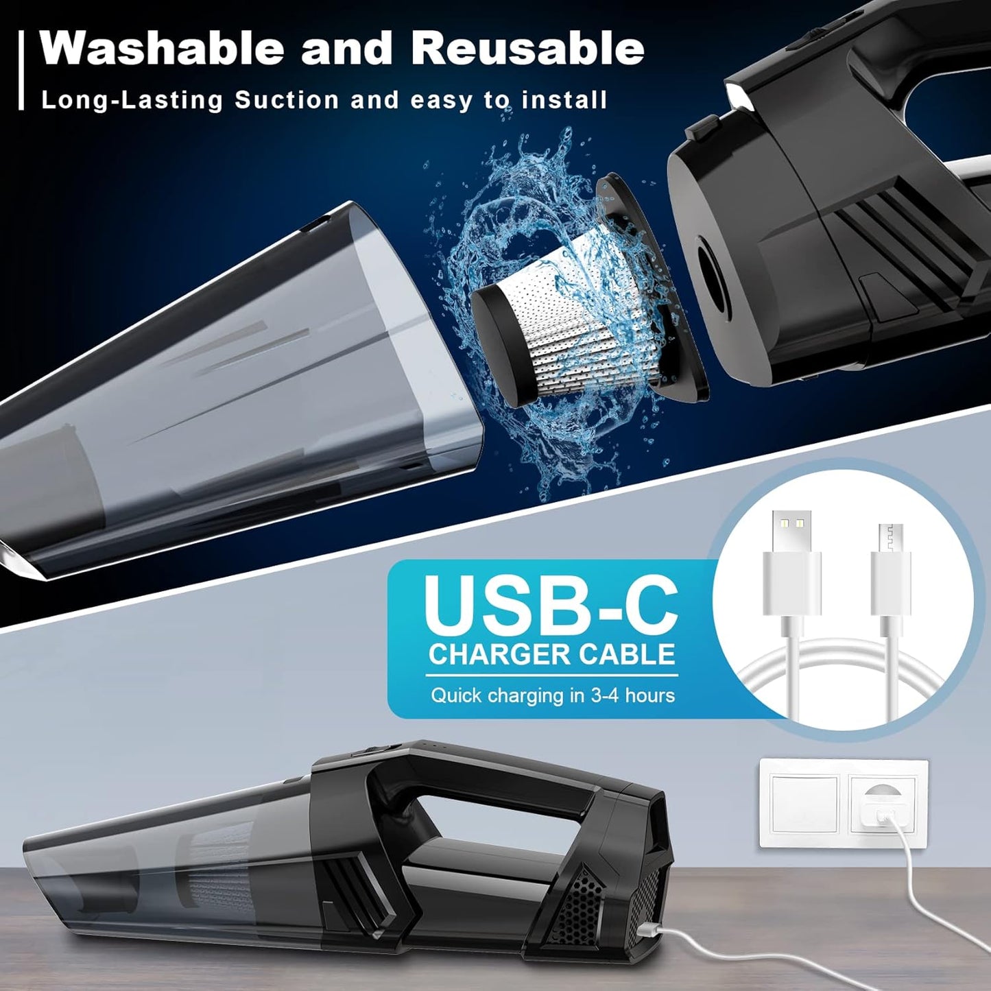 Blestan Handheld Vacuum Cordless Portable Car Vacuum with LED Light, High Power Suction, 3-in-1, Lightweight Rechargeable Hand Vacuum Cleaner for Car, Home & Office, Pet Hair, Black