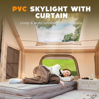 WildFinder Inflatable Tent with Skylight & Stove Jack, 4-6 Person Blow Up Hot Tent with Panoramic PVC Skylight, Waterproof 420D Oxford Fabric, Air Beam Camping Tent, Off White