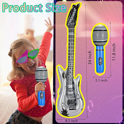NICOWARM Rock Star Party Sunglasses & Inflatable Props Set, 8 Funny Music Glasses, 8 Inflatable Guitars & 8 Microphones with Hand Inflator, 24-Piece Rock and Roll Party Kit