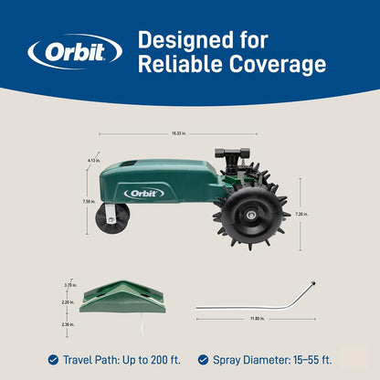 Orbit Traveling Tractor Water Sprinkler - Self-Propelled Traveling Sprinkler for Wide Lawn Coverage - Cast-Iron Body with Adjustable Coverage - Three-Speed - Automatic Shut Off - 58322