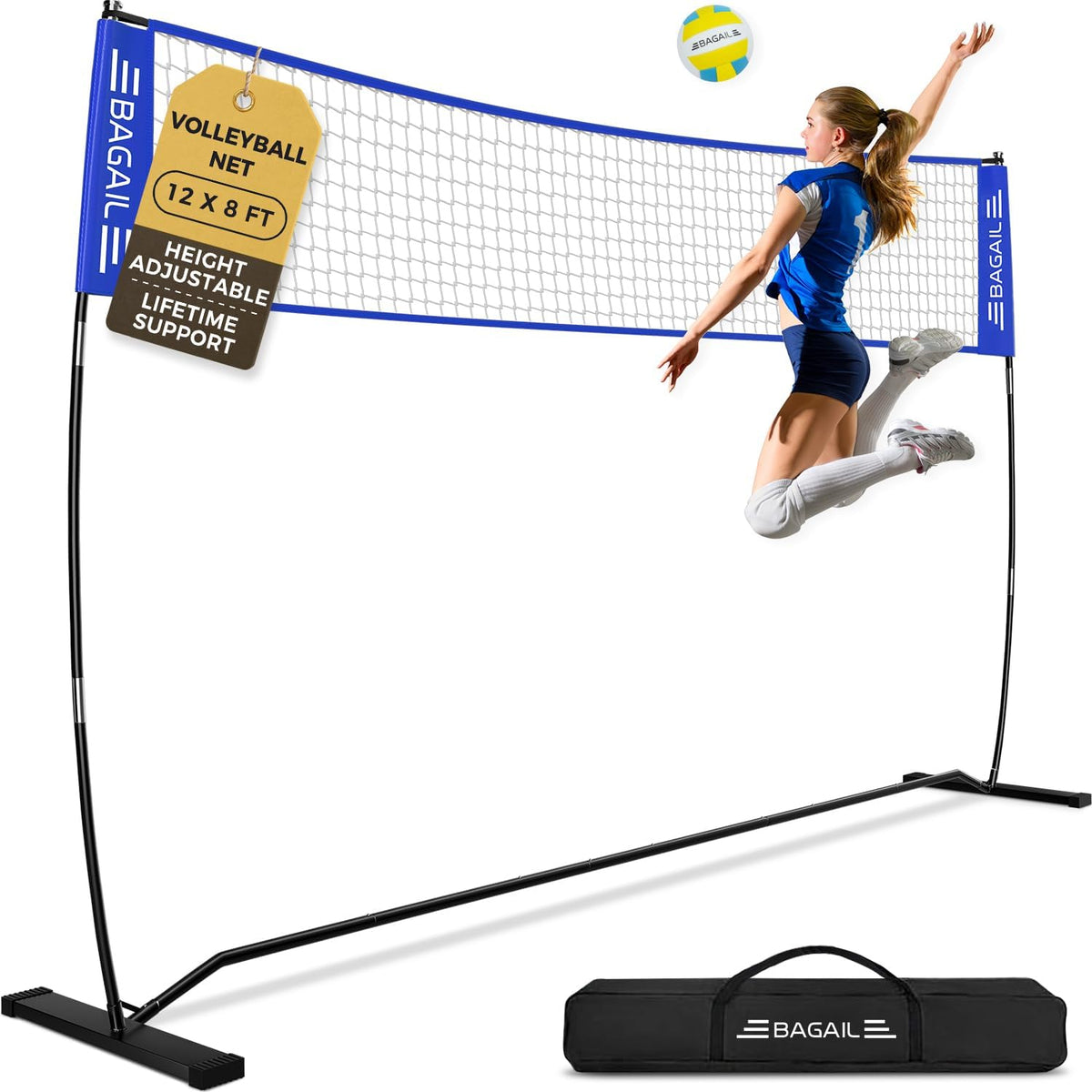 BAGAIL 12FT Portable Volleyball Net Set, Adjustable Height Freestanding Volleyball Net with Heavy-Duty Frame, Carry Bag, Ball & Pump