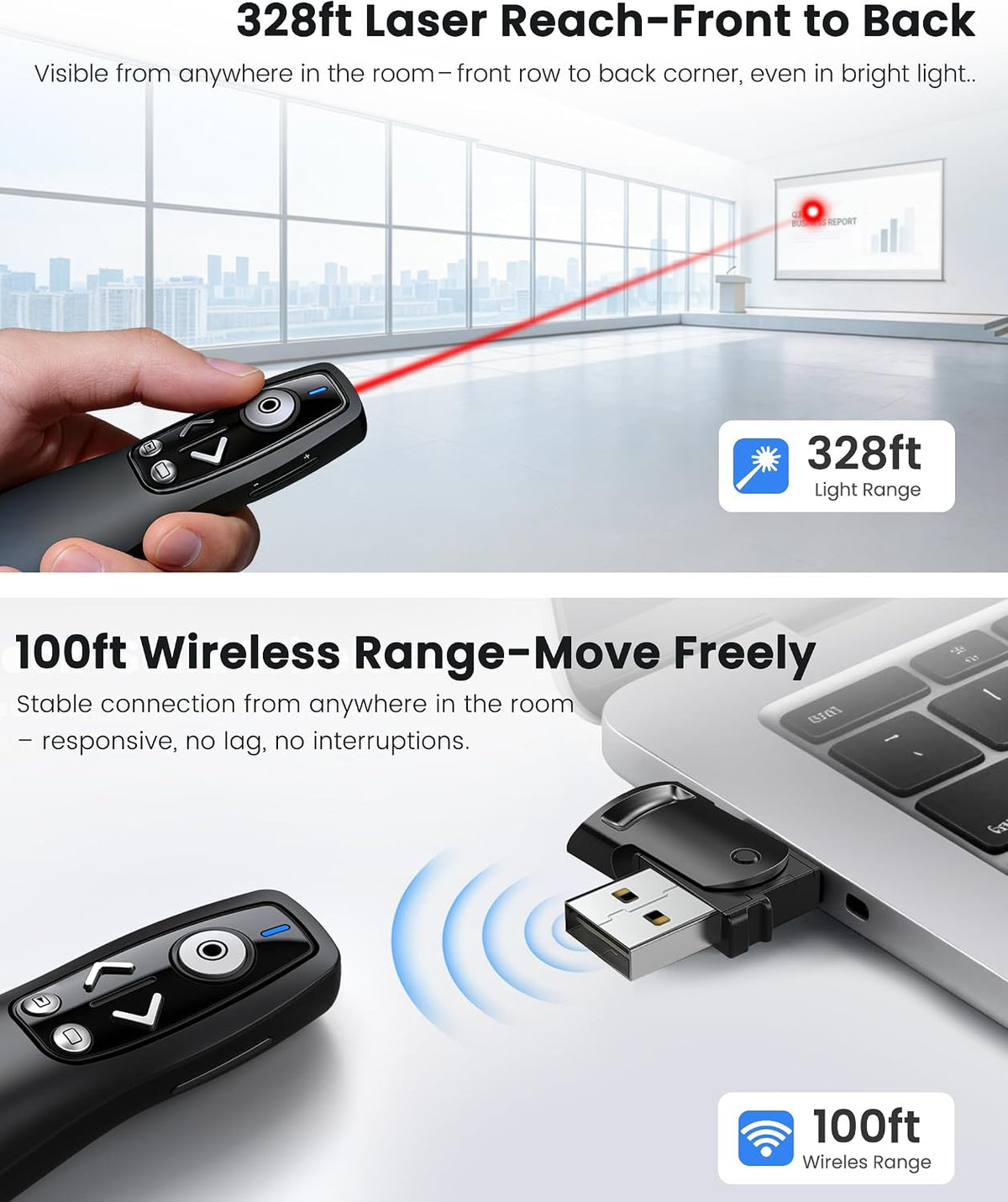 Presentation Clicker with USB-A & USB-C Receiver, 2.4GHz Wireless Presenter Remote with Volume Control & Red Light Pointer, Clicker for PowerPoint Slides Slide Advancer for Mac Computer, Plug & Play
