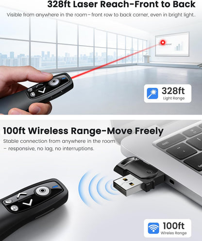 Presentation Clicker with USB-A & USB-C Receiver, 2.4GHz Wireless Presenter Remote with Volume Control & Red Light Pointer, Clicker for PowerPoint Slides Slide Advancer for Mac Computer, Plug & Play