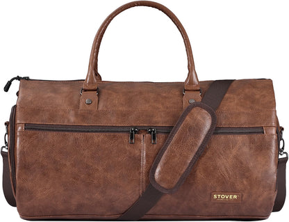 STOVER Garment Travel Duffle Bag, Large 2-in-1 Convertible Carry-On Garment Bag & Duffel with Shoe Compartment, 57L Weekender Travel Bag for Men & Women, Brown Leatherette