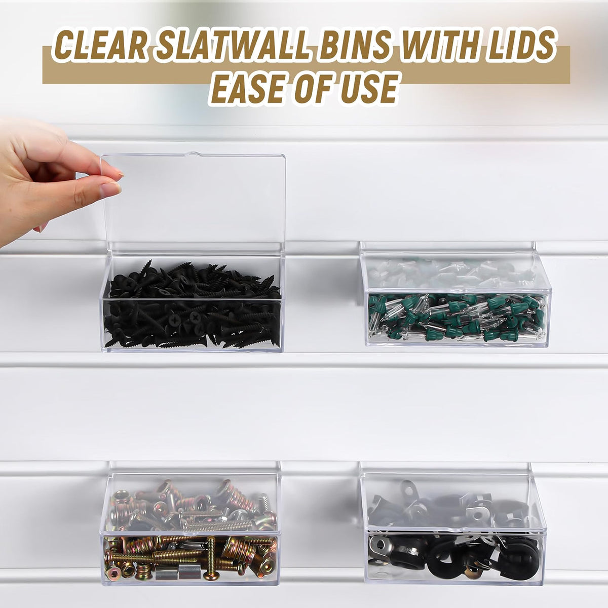 RattanView Clear Slatwall Storage Bins with Lids, 4-Pack Transparent Plastic Wall-Mount Storage Containers for Screws, Jewelry, Crafts & Small Parts