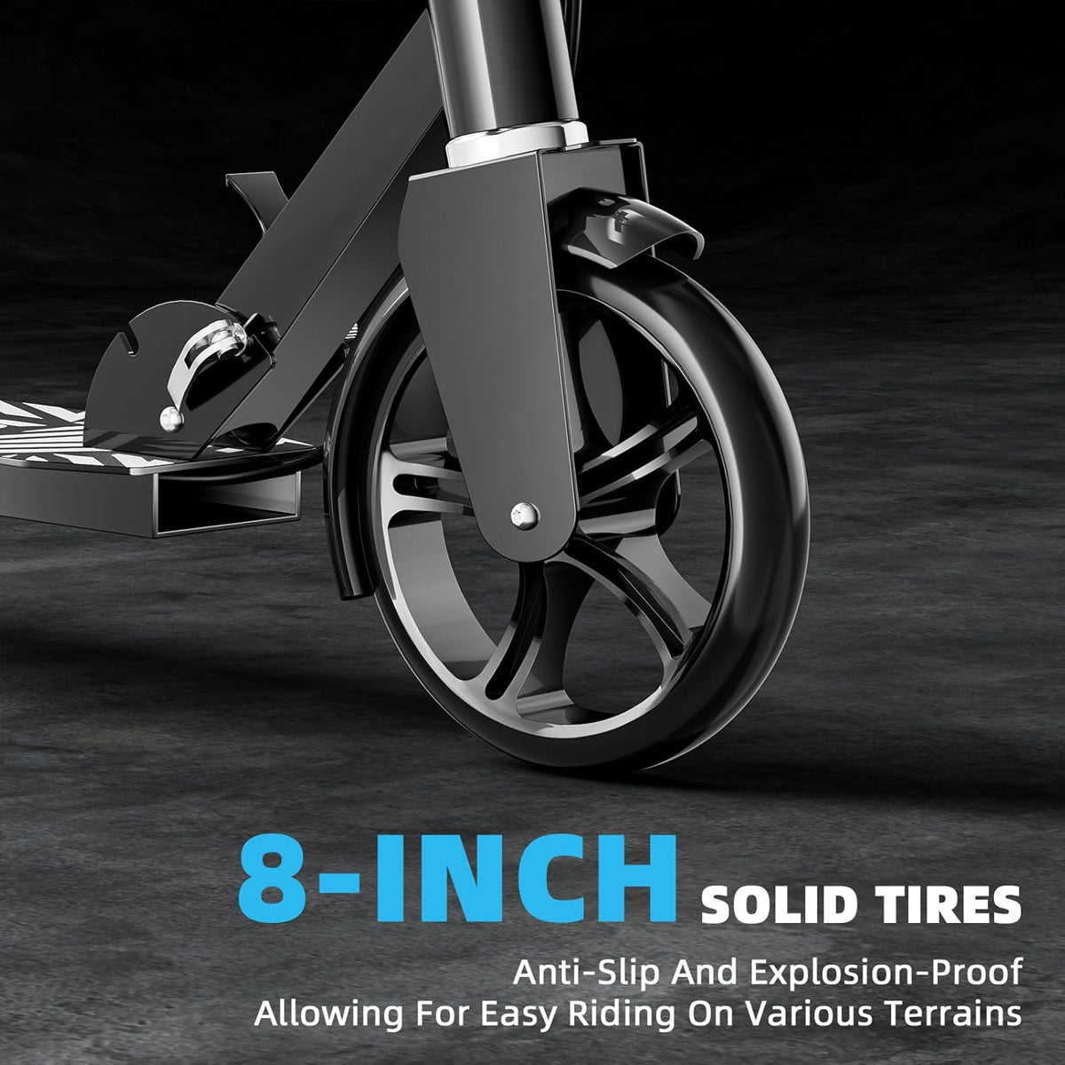 GRENYX Kick Scooter for Kids 8-12, Teens & Adults, Foldable 8-Inch Big Wheel Scooter with Hand & Foot Brakes, Bell, Adjustable Handlebar, 240-LB Capacity, Black