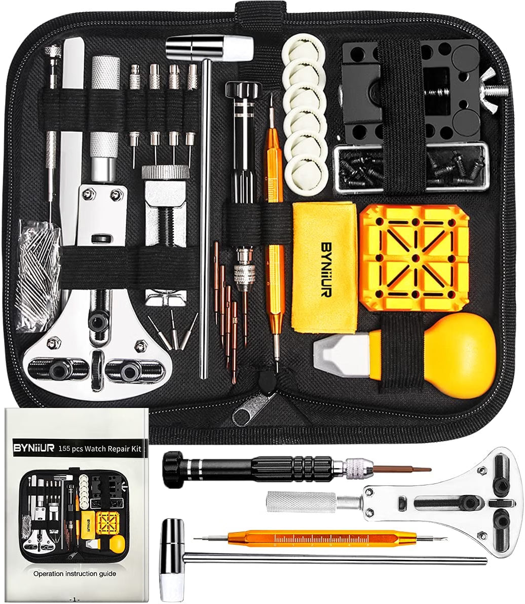 BYNIIUR 155-Piece Watch Repair Kit, Watch Link Removal & Battery Replacement Tool Set with XL 55mm Case Opener, Spring Bar Tools, Screwdrivers & Carrying Case