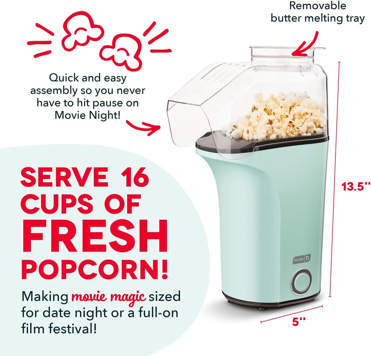 Dash Fresh Pop Popcorn Maker, 16-Cup Hot Air Popper with Butter-Warming Tray, Compact Countertop Design, Aqua