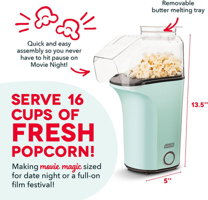 Dash Fresh Pop Popcorn Maker, 16-Cup Hot Air Popper with Butter-Warming Tray, Compact Countertop Design, Aqua