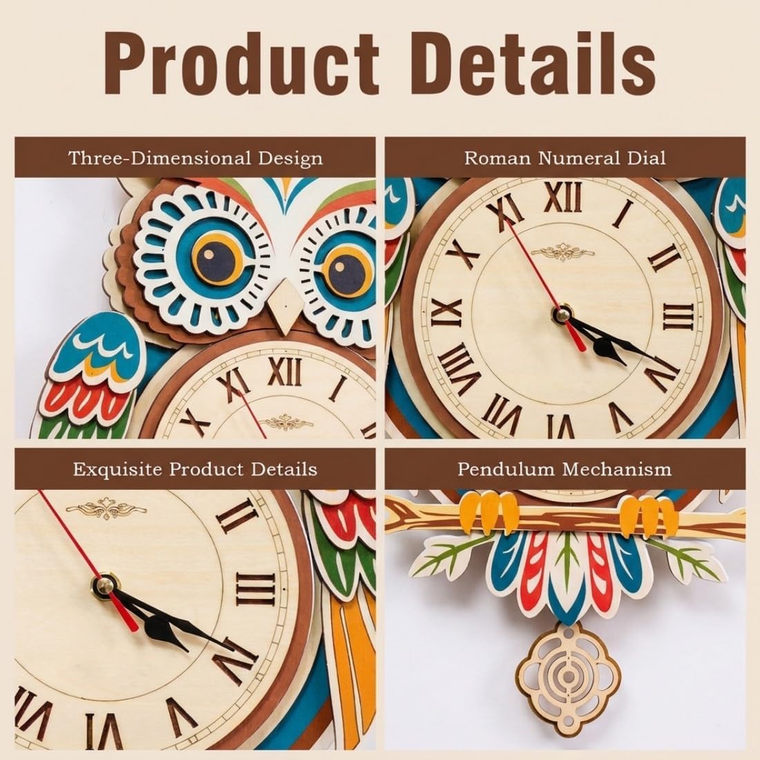 GryGooy Wooden Pendulum Clock Model Kit | 26-Piece Owl 3D Wooden Puzzle with Moving Clock Mechanism, DIY Wall Decor for Living Room & Study