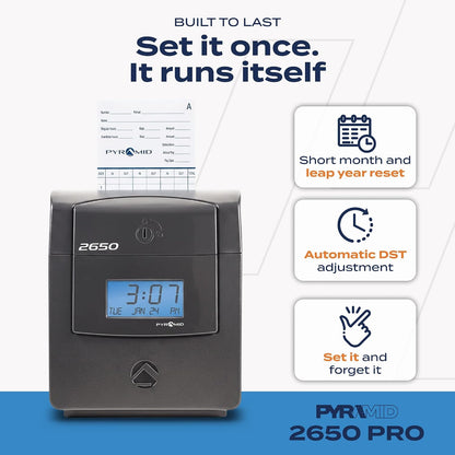Pyramid Time Systems 2650 Auto-Aligning Punch Clock | Employee Time Clock with 25 Time Cards & Security Lock