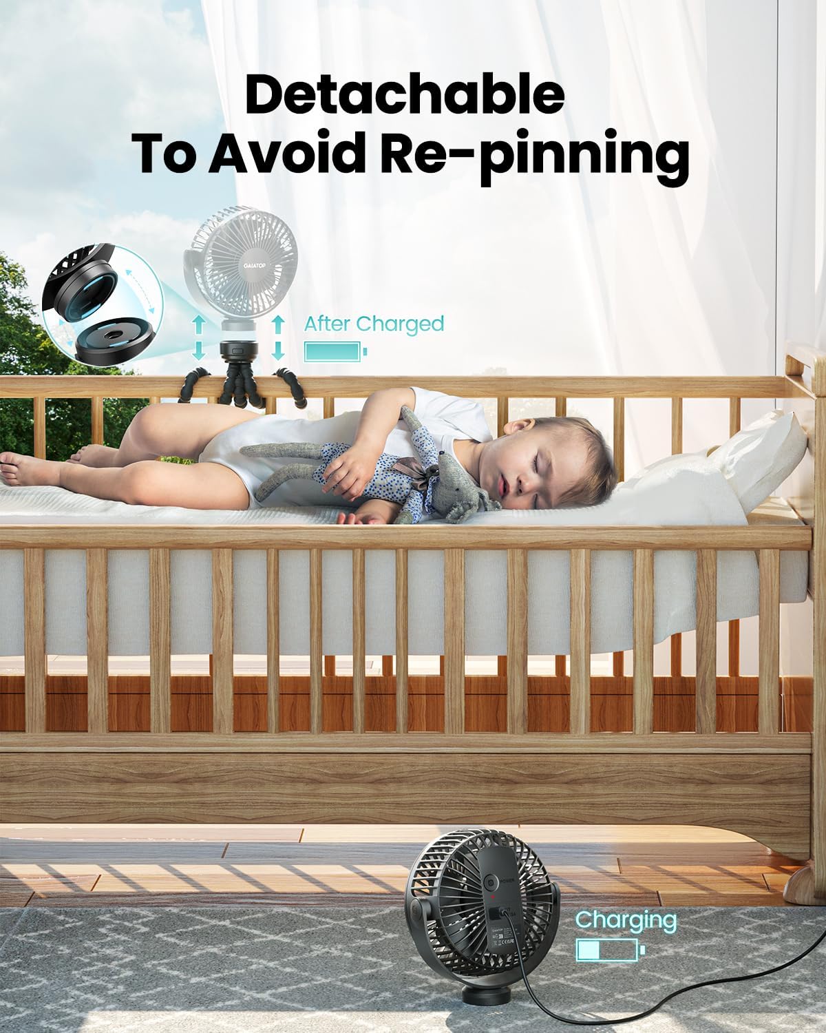 Gaiatop Mini Portable Stroller Fan, Small Clip-On Fan, 3-Speed Rechargeable, Black
