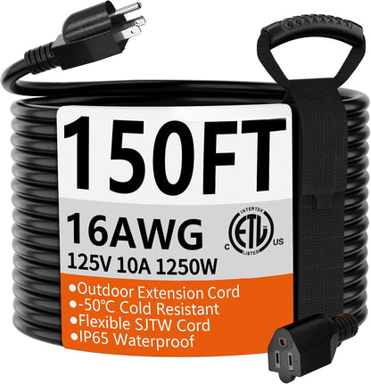 HUANCHAIN Black Extension Cord 150 FT, 16 Gauge, Outdoor Electric Cable