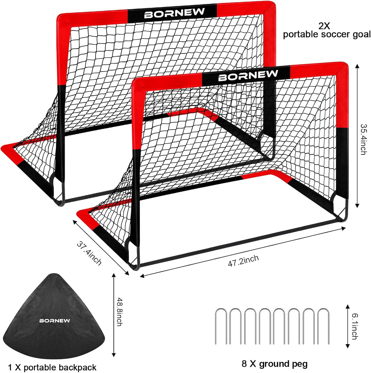 BORNEW 2-Pack Kids Soccer Goals, 4 x 3 FT Portable Pop-Up Soccer Nets with Carrying Bag & 8 Heavy-Duty Ground Stakes, Backyard & Indoor Soccer Training Set
