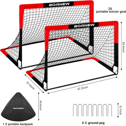 BORNEW 2-Pack Kids Soccer Goals, 4 x 3 FT Portable Pop-Up Soccer Nets with Carrying Bag & 8 Heavy-Duty Ground Stakes, Backyard & Indoor Soccer Training Set