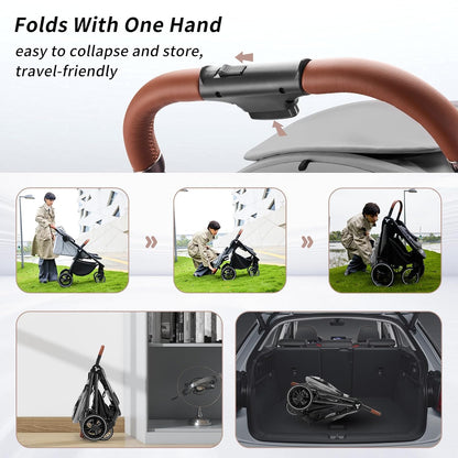 Tinyiota Baby Stroller with UPF 50+ Canopy, One-Hand Fold, Leather Handle, Reclining Seat, Grey