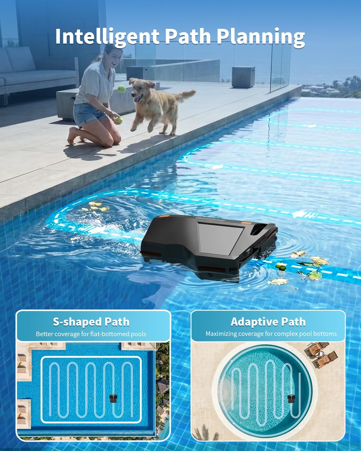 Solar Pool Surface Skimmer Robot, Smart Obstacle Avoidance & Path Planning Edge Cleaning, Smart Parking & App Control, Dual Charging Options, Strong Suction for Pools, Black
